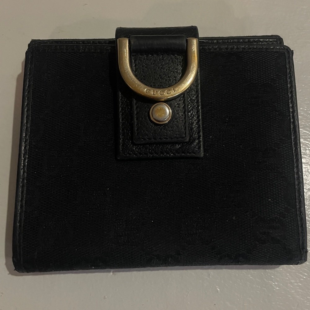 Gucci Black GG Canvas Leather Bifold Wallet Gold Horsebit Hardware